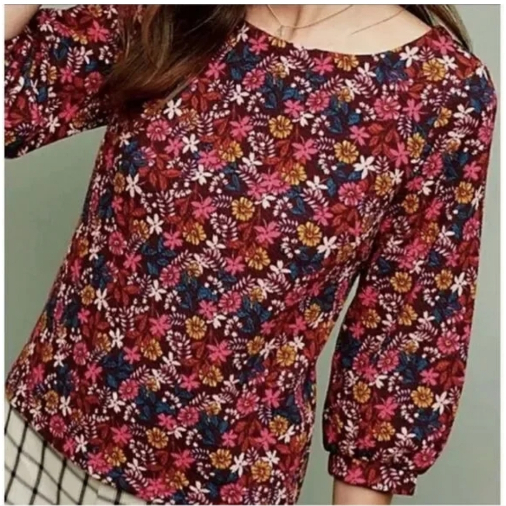 Anthropologie Maeve Decatur Textured Floral Print 3/4 Sleeve Top Size Large